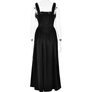 Detailed back view of a black sleeveless maxi dress featuring a zipper and pleated straps