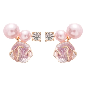 Eleganti orecchini a fiore con perle rosa e cristalli in finitura dorata da donna