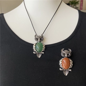 Retro owl pendant necklace and brooch set with natural crystal stones and silver plating