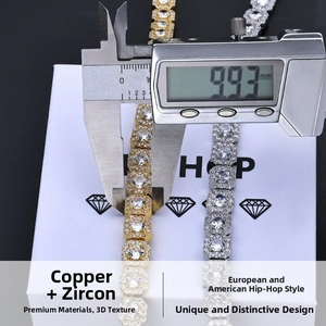 Macro view of iced-out hip hop bracelet link with 9.93mm width measurement tool