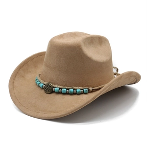 Ethnic style faux suede cowboy hat in camel with braided cord and turquoise sun medallion