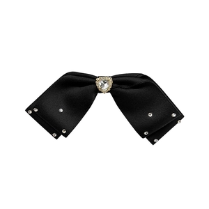 French style black fabric bow hair clip with sparkling rhinestones and heart center