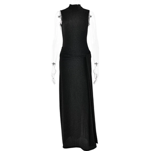 Sparkling sleeveless fishtail dress in black with crew neck and knot detail