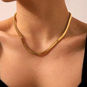 Gold stainless steel centipede chain necklace with flat scale links for women