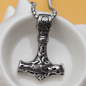 Vintage Thor's Hammer Mjölnir pendant necklace in silver stainless steel with Viking knots