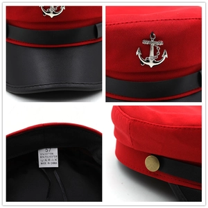 Red navy captain beret hat with silver anchor emblem and black brim details