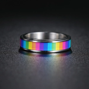 Rainbow spinner ring in stainless steel with colorful stripes for stress relief