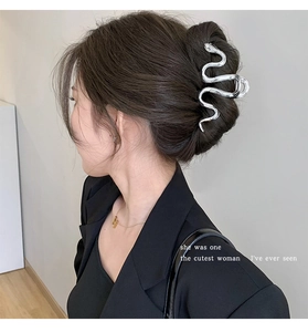 Detail view of silver snake-shaped metal hair claw clip styled on a model's hair