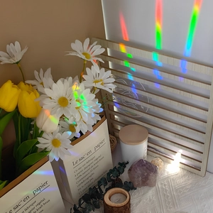 Rainbow light prisms reflecting on a decorative French kraft paper bag with faux flowers