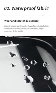 Macro detail of waterproof PVC fabric with water droplets showing scratch resistance