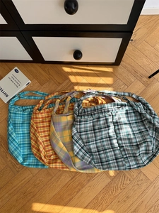 Große Karierte Canvas Tragetasche Damen Lässige Hobo Schultertasche Kariert Vielseitig Shopper Handtasche Freizeit Reise