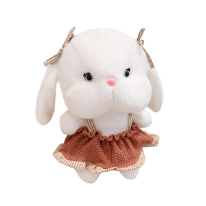 White plush bunny in brown knit dress with plaid bows for girls birthday gift