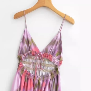 French style tie-dye printed slip dress with waist pleats and back lace-up details