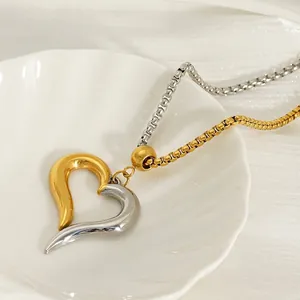 Heart Pendant Necklace Two-Tone Stainless Steel Gold And Silver Box Chain Modern Minimalist Elegant Jewelry For Women