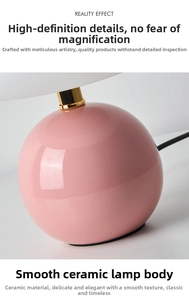 Detail of pink ceramic table lamp with high-gloss glaze and gold metal hardware