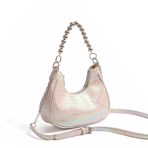 Iridescent crescent moon bag with crocodile texture and metallic bead handle