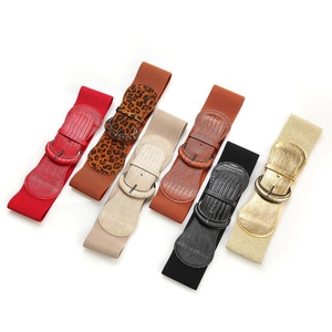 Elastic wide waist belts for women in leopard print and solid colors with leather buckles