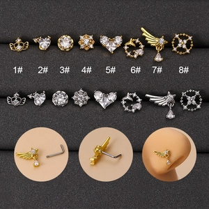 Clou De Nez En Zircon Tige Acier Inoxydable Cuivre Incrusté Cœur Fleur Aile Pendentif Bijoux De Piercing Pour Femmes