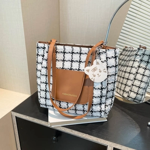 Vintage Houndstooth Tweed Tote Bag Large Capacity PU Leather Shoulder Handbag With Animal Charm For Women Casual Commute