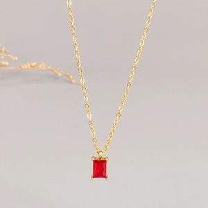 Minimalist square red gemstone necklace with 18k gold plated thin chain for women