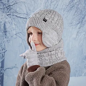 Kids 3-piece winter warm knit set with pompom earflap hat scarf and gloves in grey