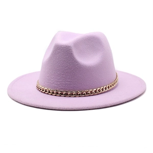 Detail of light purple wool fedora hat featuring a polished gold chain decoration