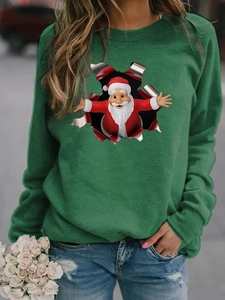Close-up of 3D Santa Claus print on dark green long-sleeve Christmas sweatshirt