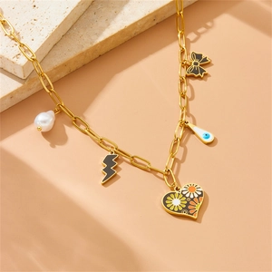 Golden stainless steel chain necklace featuring pearl, lightning, and heart charm pendants