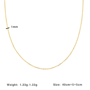 Detail of minimalist 1mm gold chain necklace showing size 40cm and 1.23g weight
