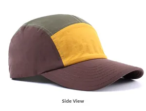 Side view of retro 5-panel quick-dry sports cap featuring brown and olive color blocking