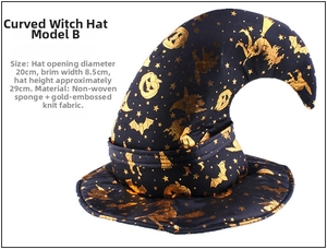 Detail showing dimensions of black Halloween witch hat with gold pumpkin and bat prints