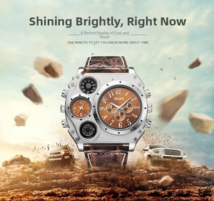Detail of Oulm multi-timezone watch with compass and thermometer on brown leather strap