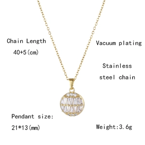 Detailed view of gold stainless steel necklace with zircon pavé pendant and product dimensions