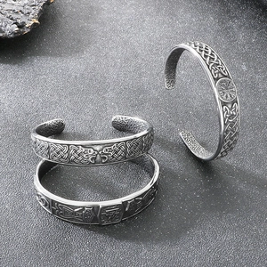 Vintage Viking Wolf Head Open Bangle with Celtic Knots and Nordic Runes in Antique Silver