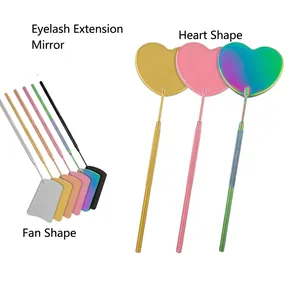 Portable stainless steel heart and fan-shaped lash mirrors in various vibrant colors