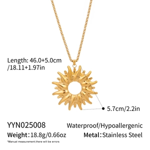 Detail of golden sun pendant necklace with stainless steel specs and waterproof features