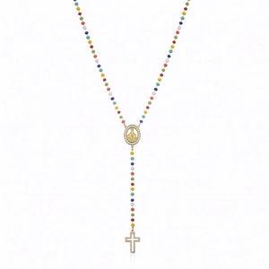 Detailed view of Virgin Mary medal and zircon cross on colorful beaded rosary necklace