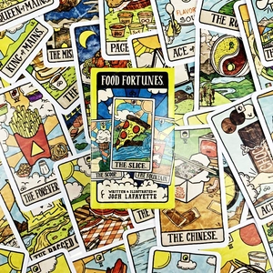 Detailed spread of Food Fortunes oracle cards featuring illustrations by Josh Lafayette