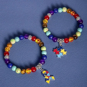 Natural stone colorful yoga bracelets with autism awareness puzzle and ribbon charms