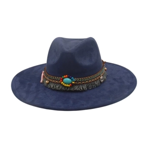 Cappello fedora blu scuro a tesa larga con fascia decorativa etnica e perline