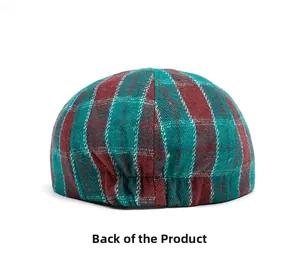 Rear view of red and green plaid ivy cap featuring elastic back strap and tweed texture