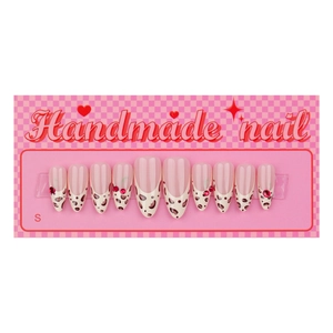 Handmade leopard print French press-on nails with 3D red rhinestones size S