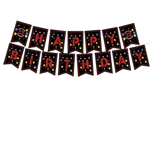 Official 13th birthday banner with red Happy Birthday letters on black triangle flags