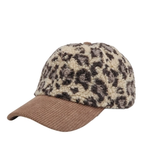 Retro leopard print fleece baseball cap with brown corduroy brim for winter warmth