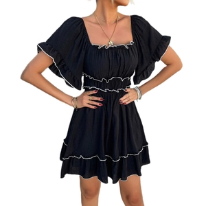 Women's black square neck short dress with white contrast ruffle trim in casual style