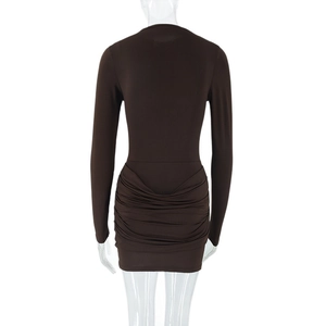 Rear view of deep brown long sleeve mini dress with ruched detail and slim fit design