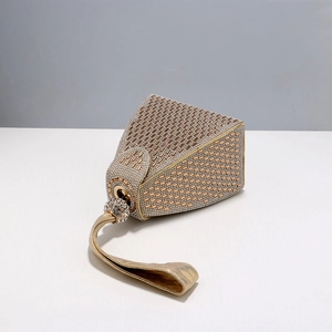 Elegant triangular evening clutch bag in champagne gold with sparkling crystals