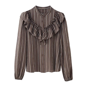 Brown and white vertical striped long sleeve shirt with ruffled detail on white background