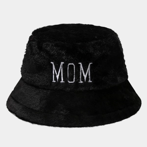 Detail of silver MOM embroidery on black plush faux fur winter bucket hat for women