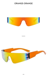 Front and side views of rimless Y2K sports sunglasses with orange gradient lenses
